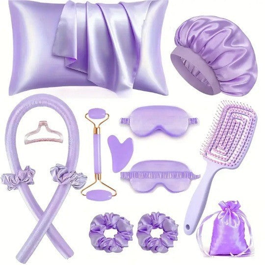 Purple 13 piece set with pillowcase, bonnet, curling rod, clip, eye masks, scrunchies, roller, gua sha, pouch and brush
