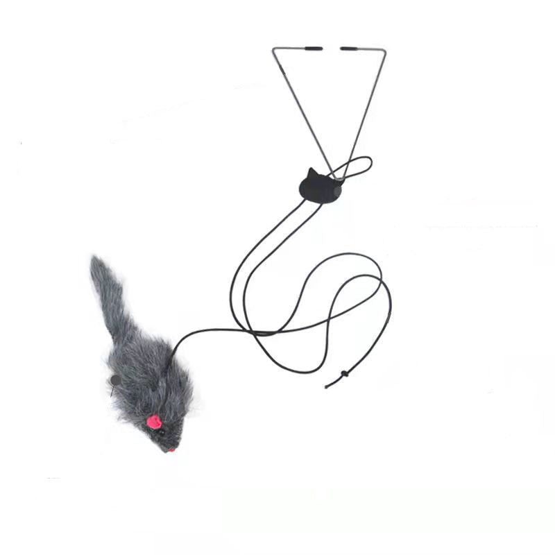 Hanging cat teaser with a soft grey plush mouse packed for over the door play