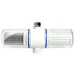 White in-line shower filter with clear cylindrical housings showing grey mesh and white filter media on a white background