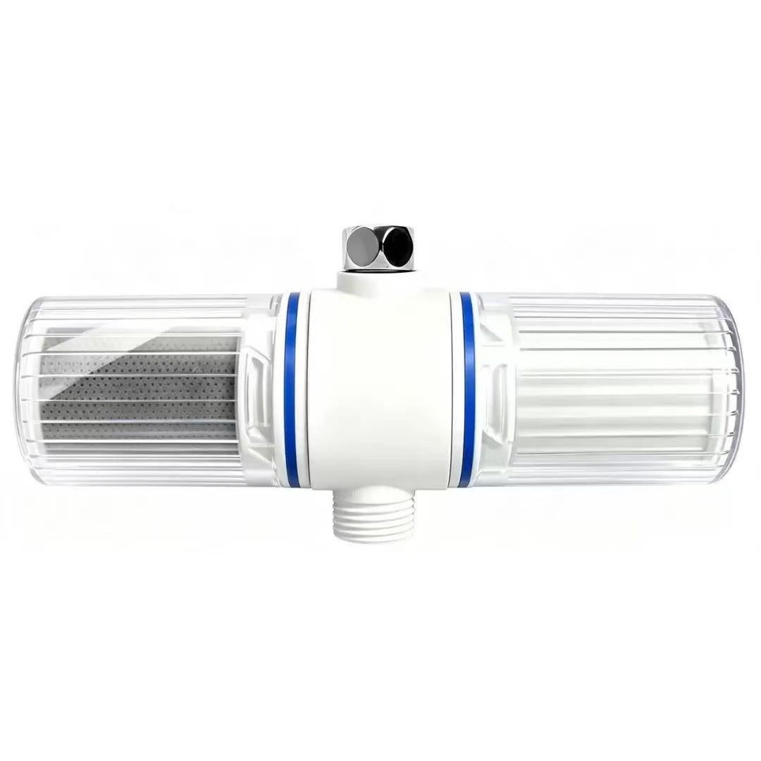 White in-line shower filter with clear cylindrical housings showing grey mesh and white filter media on a white background