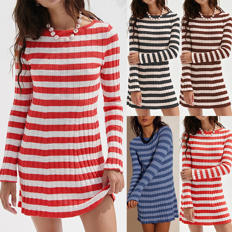 Women's striped ribbed knit dress in red and white with previews of the black, brown and blue colorways