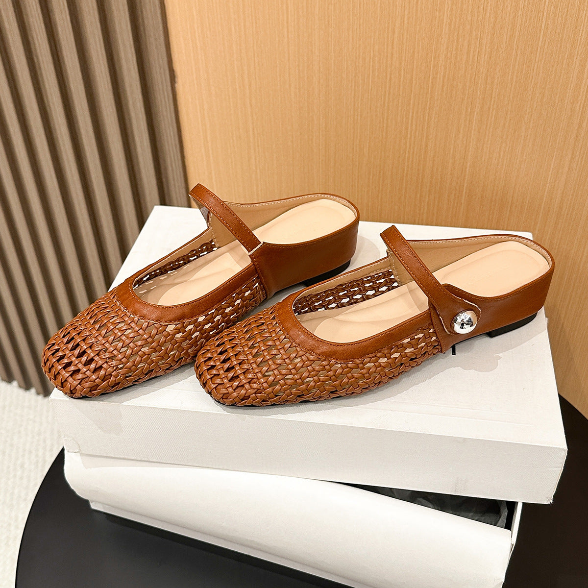 Brown woven openwork Mary Jane mule with a silver tone ball button, option Brown size 35