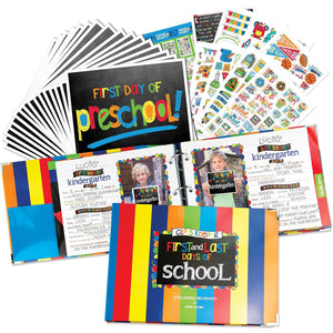 Boys rainbow album shown with planner sticker sheets and open kindergarten prompt pages beside its gift box