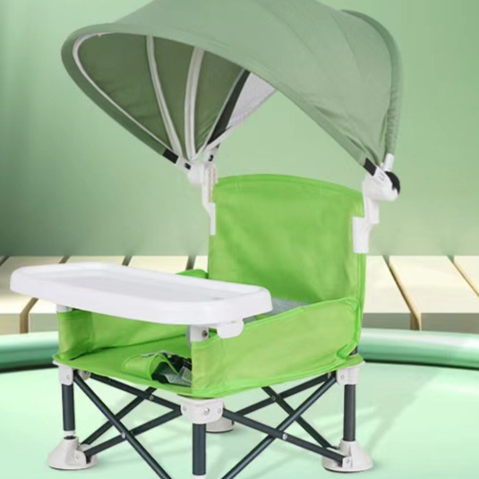 Green folding baby feeding chair with a green canopy and a white removable tray