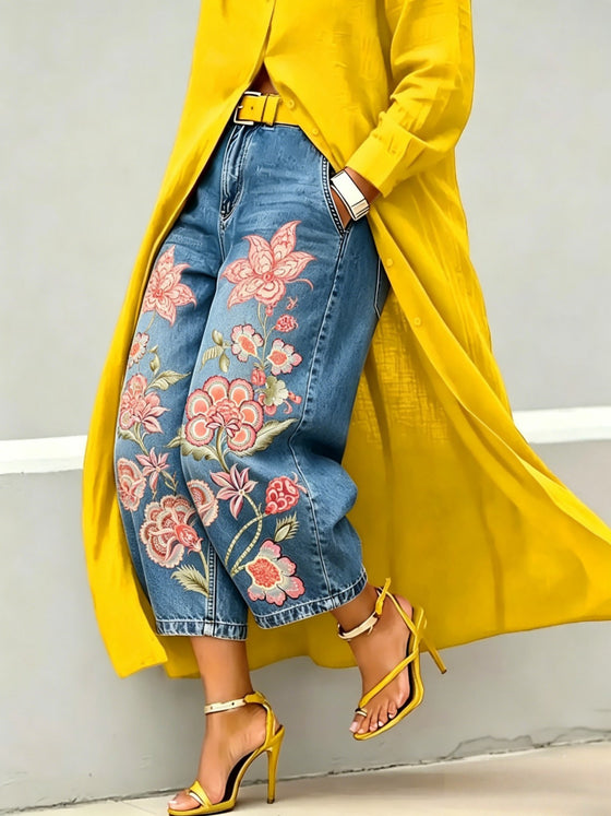 Womens Printed Wide Leg Cropped Denim Jeans