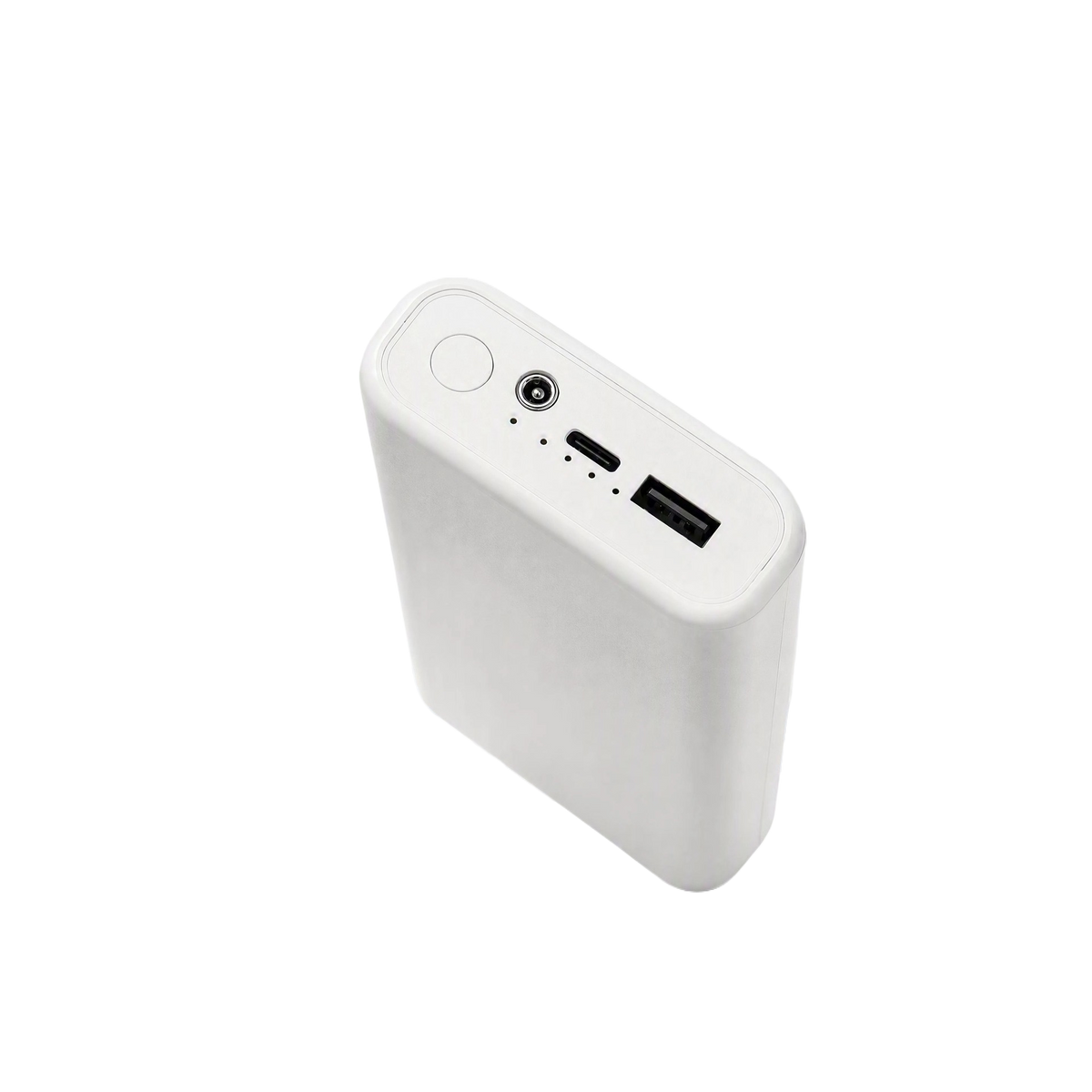 White power bank marked 20000mAh with a four level indicator and USB-A and USB-C ports on the top panel