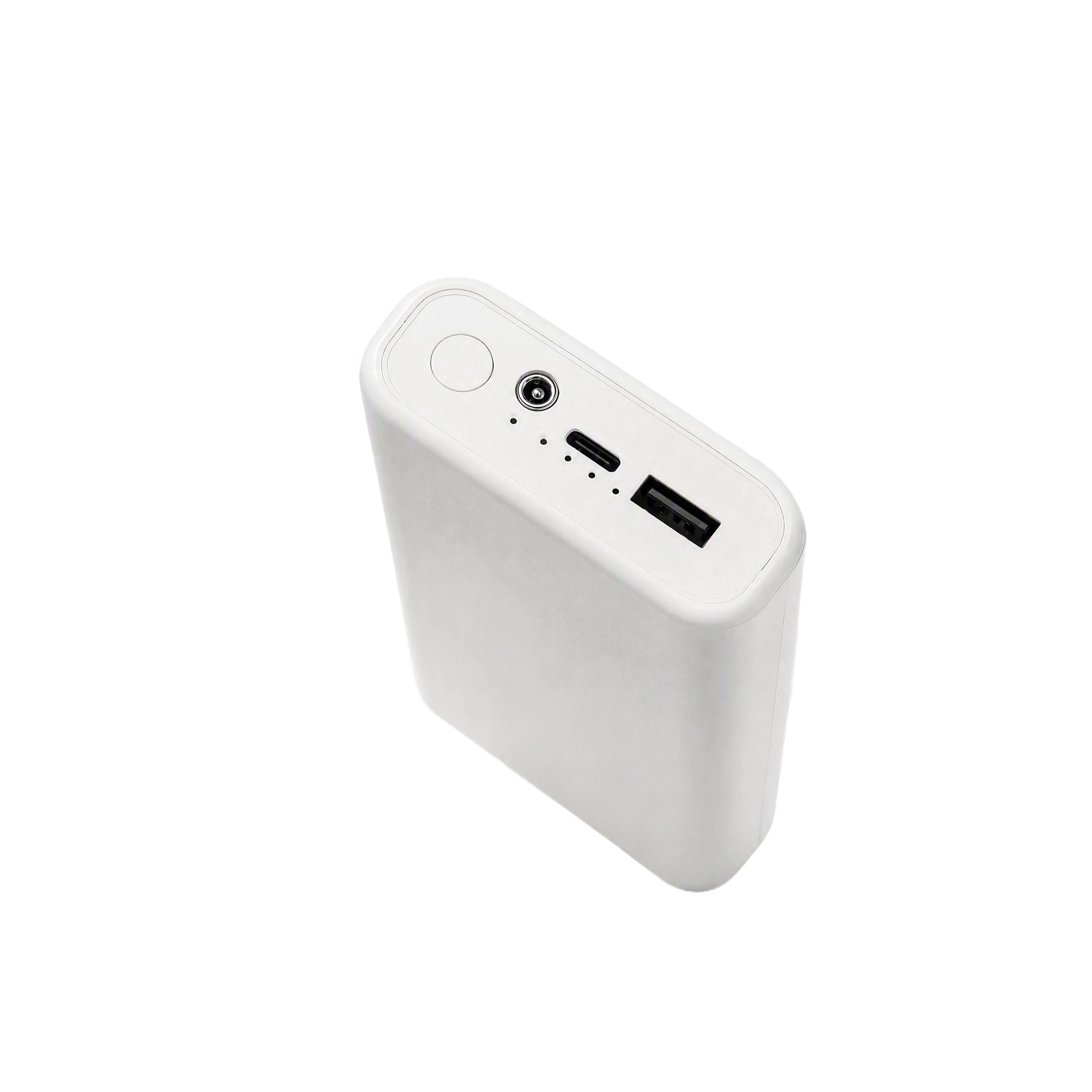 White power bank marked 20000mAh with a four level indicator and USB-A and USB-C ports on the top panel