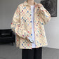 Mens streetwear button shirt with frayed cut squares and colour flecks, loose fit