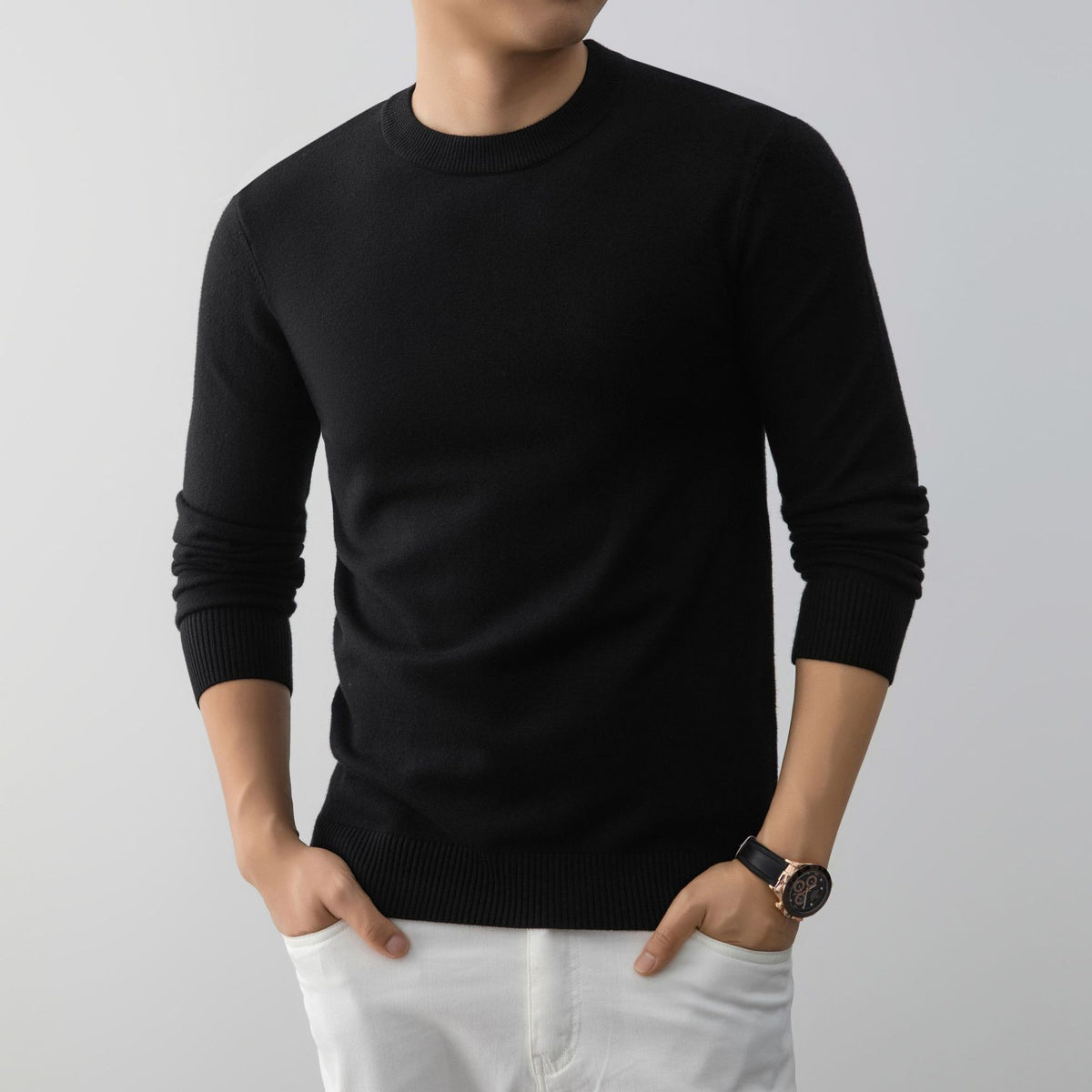 Black slim fit crew neck knit sweater, option photo for size 180 (2XL)