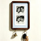 Option A4 Hook Style 11: dark wood wall photo frame with light blue gingham backing and two key hooks