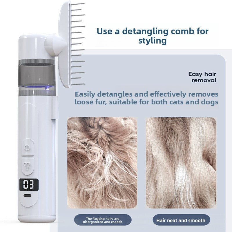 Electric pet vacuum comb with detangler head shown grooming a dog coat