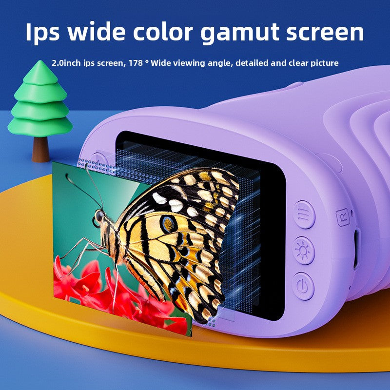 Purple handheld microscope showing a butterfly on its 2 inch IPS color screen