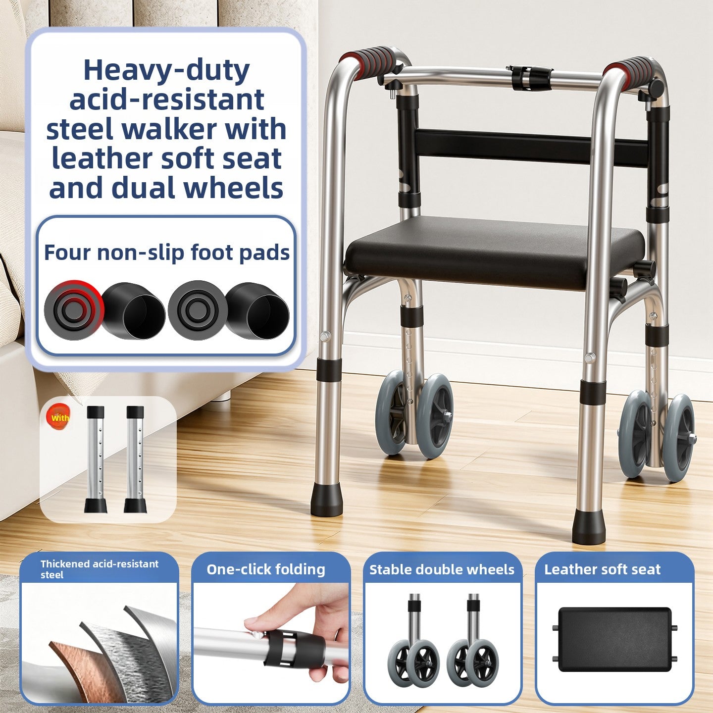 Acid resistant steel walking frame with padded black seat and paired front castors