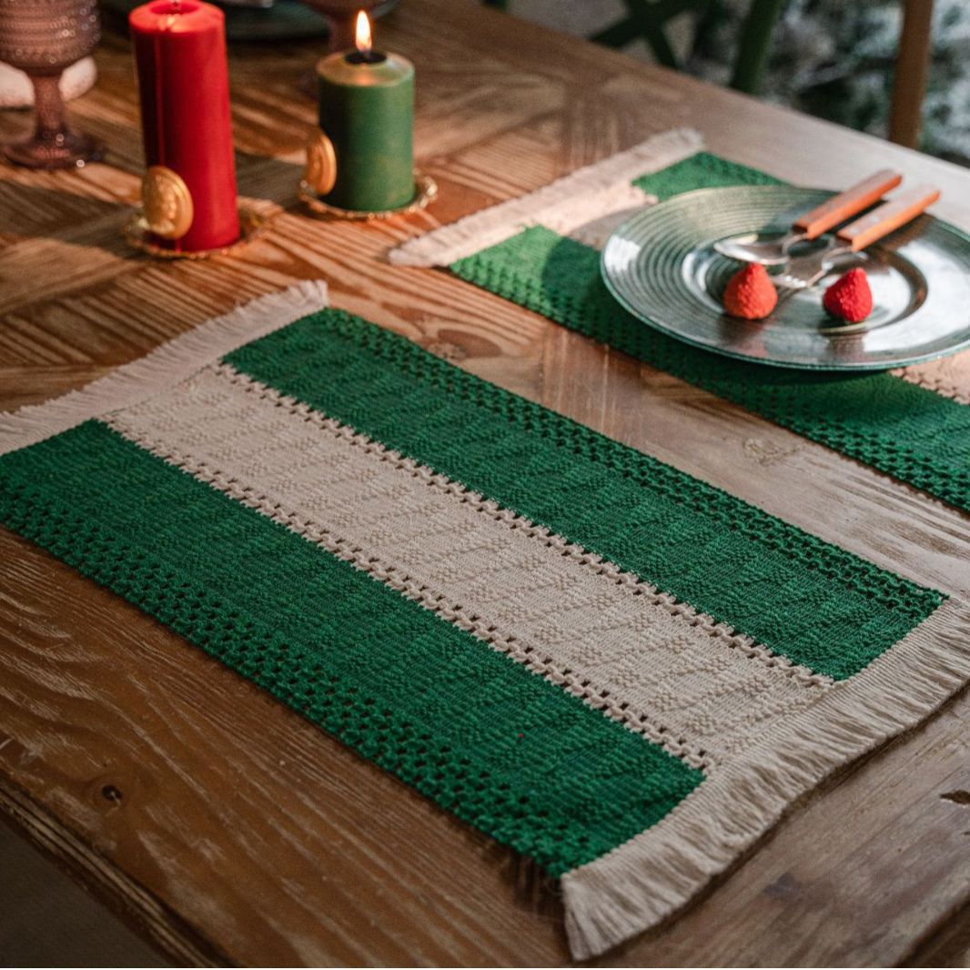 Knitted Colorblock Striped Tasseled Bowl Mat | in use scenario daily moment