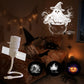 Ghost witch with a cauldron projected above a bed by the white projector, three slide icons, 3 slides option