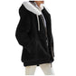 Women's loose plush hooded zip jacket with a contrast lined drawstring hood and two zip pockets
