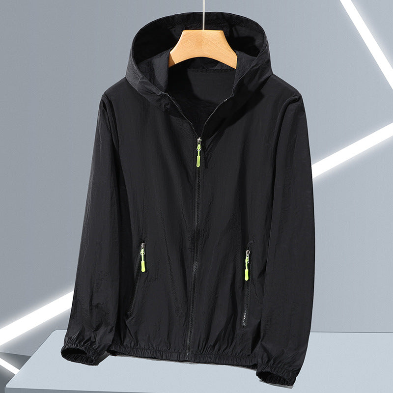 Black hooded zip jacket with front zip and slanted zip pockets on a hanger
