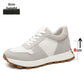 Gray cow suede and mesh height increasing sneaker, side view with an 8 cm callout