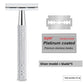 Silver chrome safety razor beside five platinum coated double edge blades