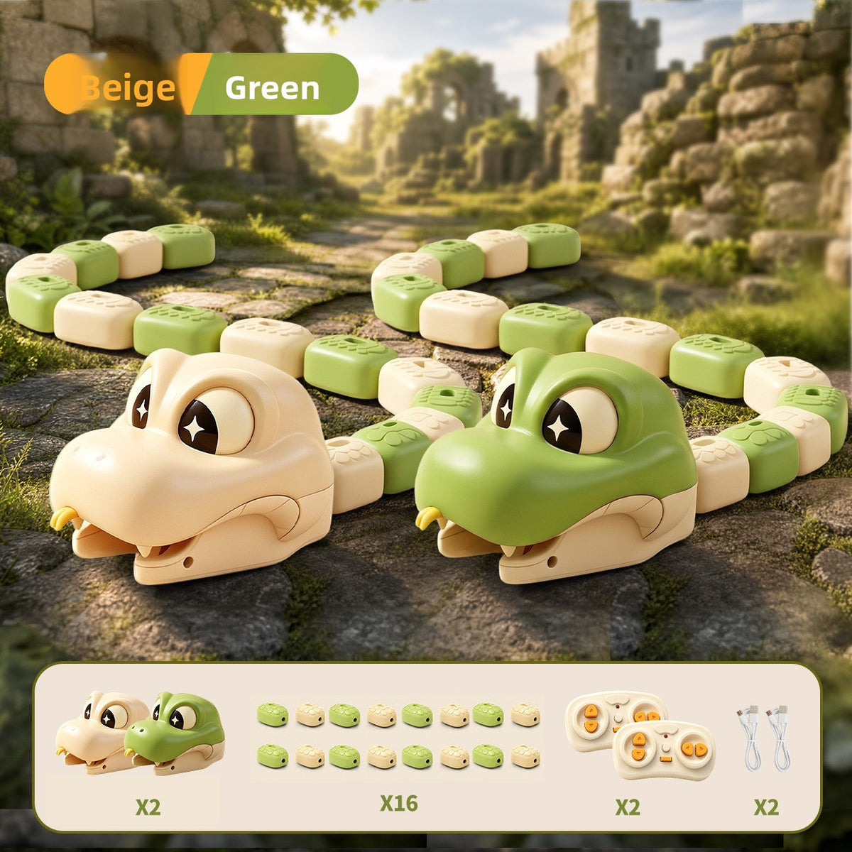 Segmented magnetic snake toy with its remote control on a sunlit stone path