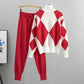 Red argyle knit sweater and jogger pants set with white panels on a hanger, size XL option