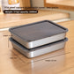 Two steel food trays with smoked black lids, labelled 25.5 by 20 by 5.5 cm