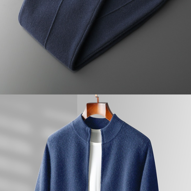 Blue knit zip cardigan on a hanger with navy jogger trousers folded above, size XL option