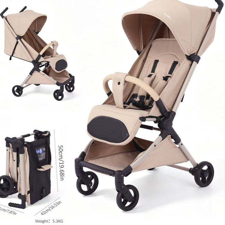 Khaki beige foldable travel stroller open with sun canopy and folded package