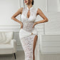 White sheer lace maxi dress close view, keyhole stand collar and ruched hip panel (size M option)