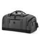 Travel duffel bag shown from the front with top handles and a contrast reinforced base