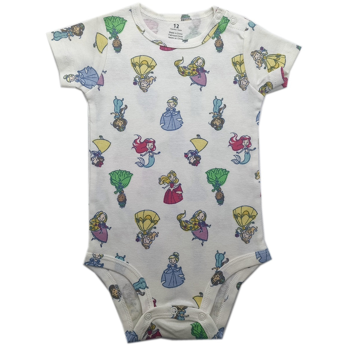 Folded baby short sleeve cotton bodysuit with shoulder snap shoulders on a plain background