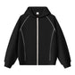 Black zip-up hoodie with grey contrast topstitching on the sleeve seams and ribbed cuffs, size 3XL option