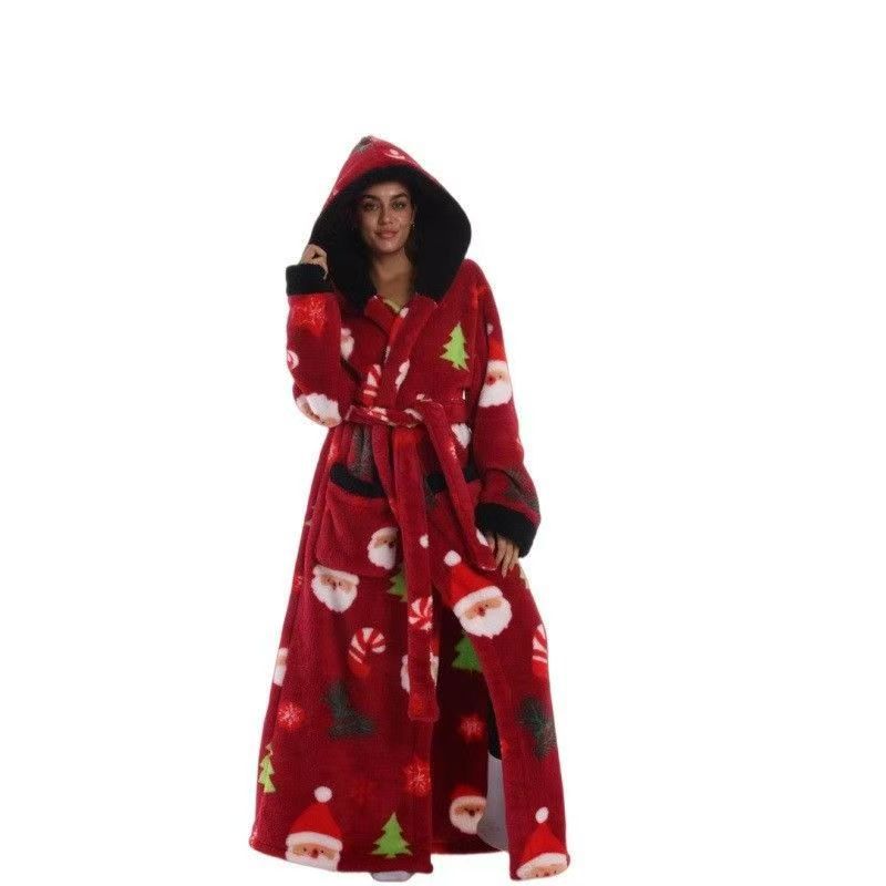Long red Santa and tree print hooded fleece bathrobe with black plush hood and tie belt, Red Santa Long Hooded Robe, size M