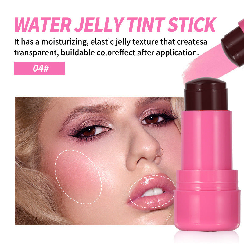 Shade 04 rose pink jelly blush stick beside a face with blush on the cheek and a tint on the lips