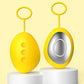 Yellow handheld sleep aid device shown from the button side and the metal plate side