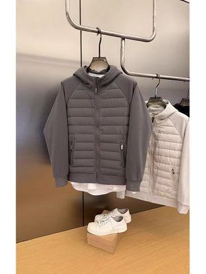 Front view of the men's hooded jacket showing the quilted panel and full length zip