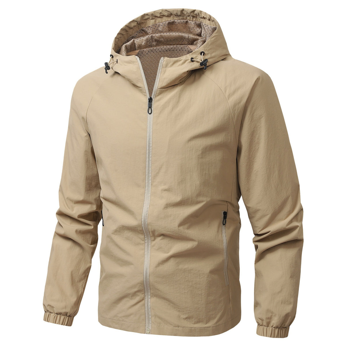 Army green nylon hooded jacket shown open on a hanger with mesh lining visible