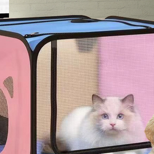 Fluffy white cat sitting inside the mesh pet drying box against a warm room background