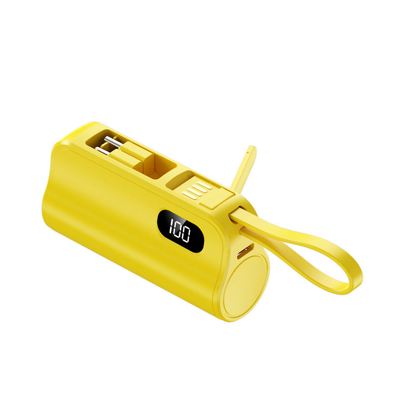 Yellow mini capsule power bank with digital display and lanyard loop, photo for the 5000mAh option