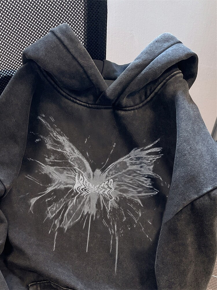 Front close up of the butterfly graphic and drawstring hood