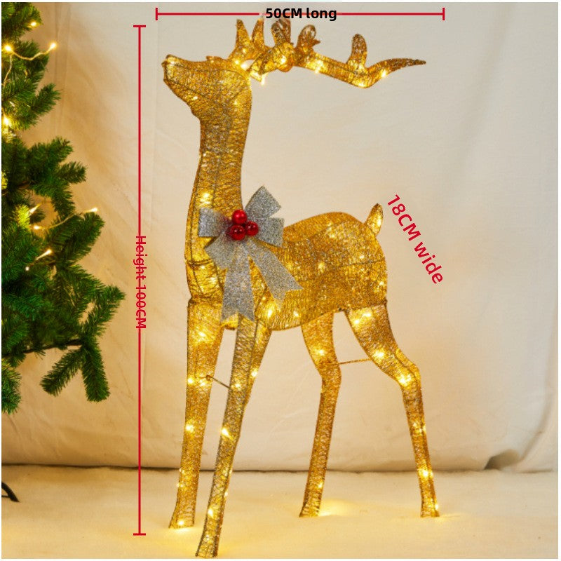 Golden lit reindeer with a silver bow, 100 cm tall, 50 cm long and 18 cm wide on the maker's drawing, 3D variant