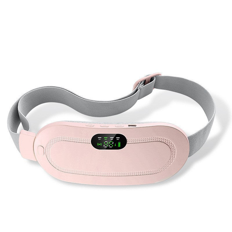 Pink heating belt laid flat showing three buttons, an LED display and a USB-C charging port