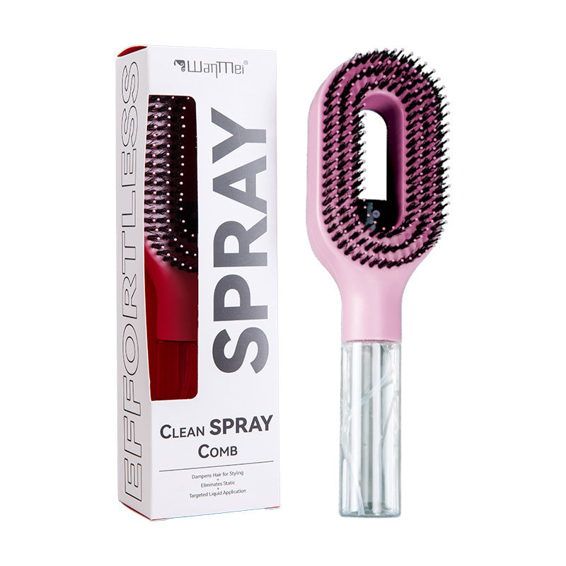 Side profile of the hair spray comb showing brush head and transparent barrel