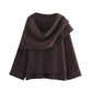 Brown knitted coat with a draped scarf collar and flared hem