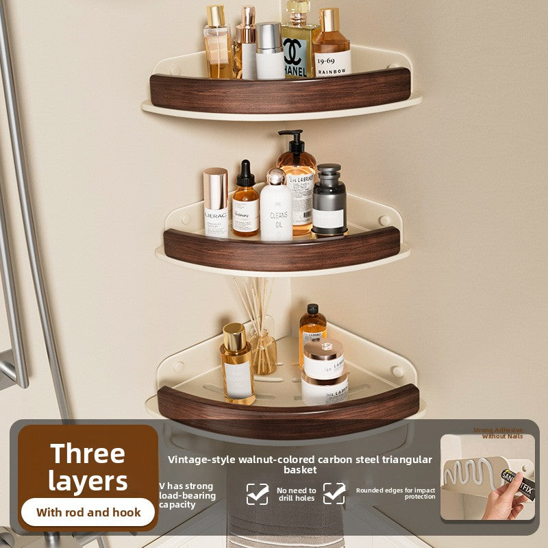 No drill adhesive corner shower shelf holding shampoo and skincare bottles