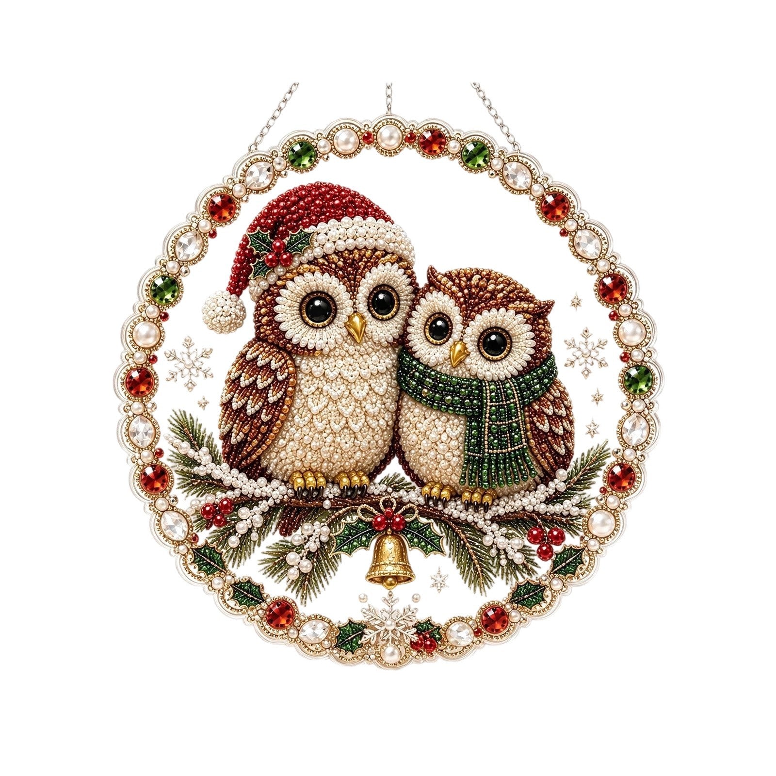 Close up of acrylic rhinestones set into a Christmas door hanger design
