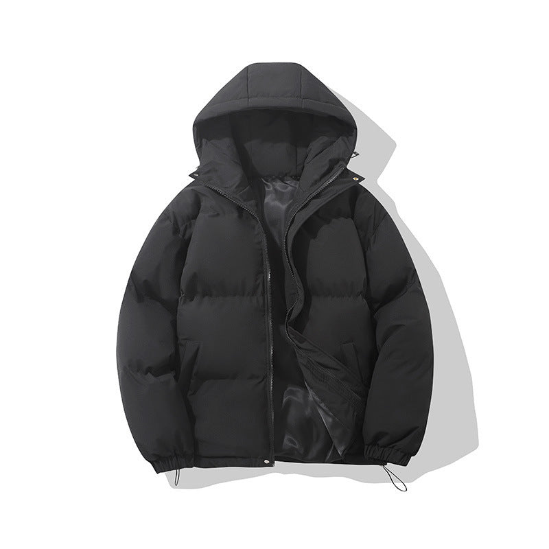 Hooded padded puffer jacket in black, cuff detail