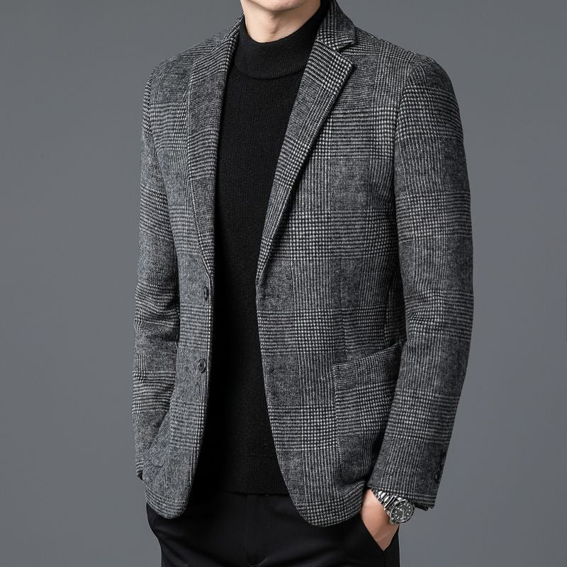 Mens checkered wool blend two button blazer in grey, styled over a rollneck