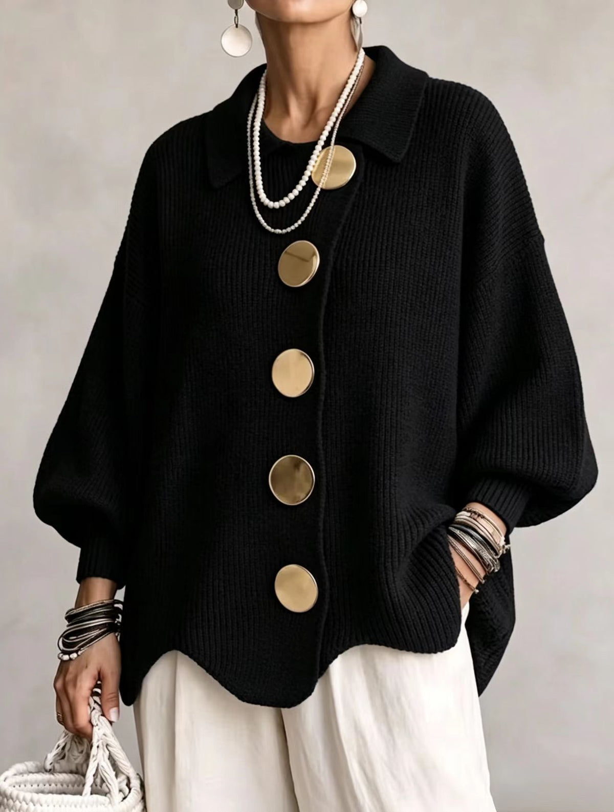Black ribbed knit top with a collar and gold tone metal buttons, Black option, size 2XL
