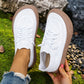 Top view of white knit mesh slip-on sneakers with ribbed collars and brown crackle soles, option White size 43